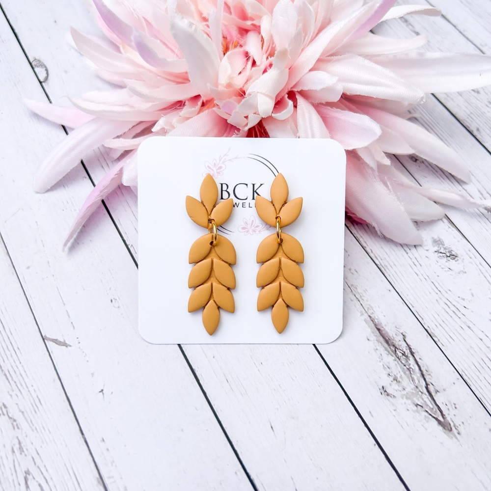 Mustard yellow Polymer Clay Leaf Earrings, prairie girl earrings, handmade,